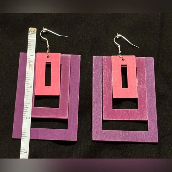 Purple & Pink Wooden Earrings - Picture 3 of 4